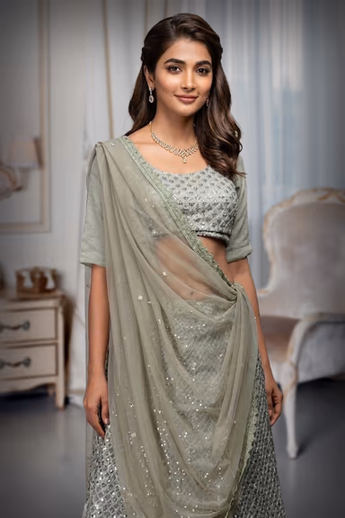 Avocado Green Faux Georgette Sequince Worked Lehenga With Same Colour Blouse And Dupatta — view 1 of 2