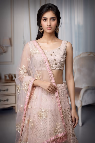 Baby Pink Georgette Lehenga With Heavy Sequin Embroidery With Threadwork Along With Same Colour Blouse And… — view 1 of 2