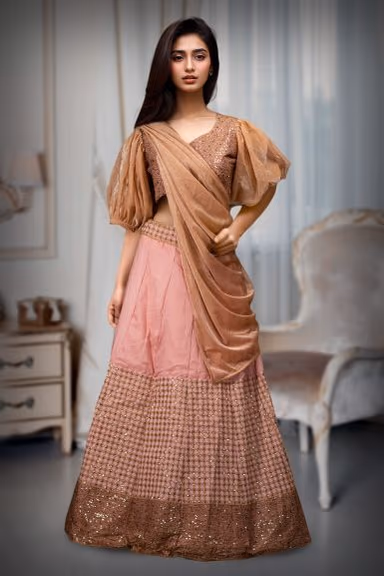Baby Pink Georgette Lehenga With Threadwork Along With Same Colour Blouse And Glittery Fabric Dupatta — view 1 of 2