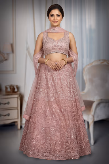 Baby Pink Pre Wedding Lehenga With Intricate Stone Work Details Along With Same Color Dupatta — view 2 of 3