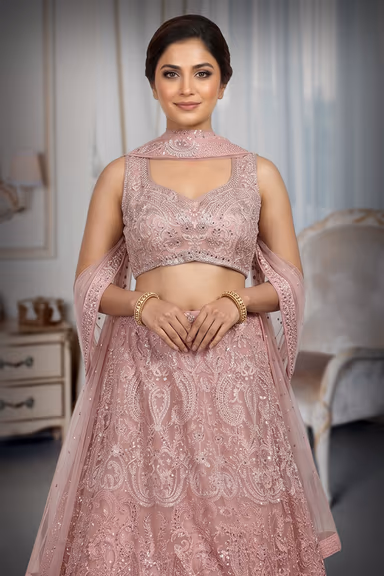 Baby Pink Pre Wedding Lehenga With Intricate Stone Work Details Along With Same Color Dupatta — view 1 of 3