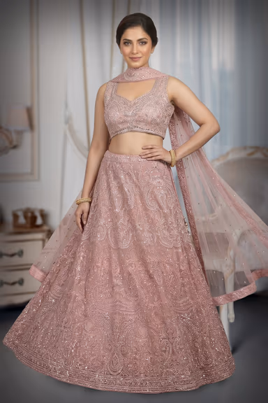 Baby Pink Pre Wedding Lehenga With Intricate Stone Work Details Along With Same Color Dupatta — view 3 of 3