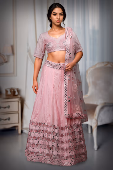 Baby Pink Minimal Lehenga With Heavy Detailed Paper Mirror Work embellished Border In Skirt With Detailed… — view 2 of 2