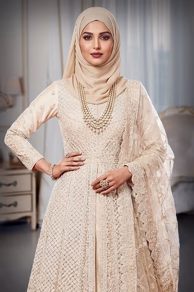 Heavy Beaded Ivory Long Jacket Gown with Intricate Mesh Work — view 1 of 4