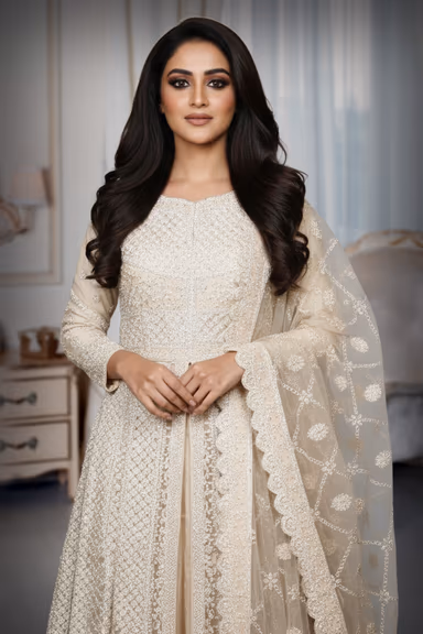 Heavy Beaded Ivory Long Jacket Gown with Intricate Mesh Work — view 4 of 4