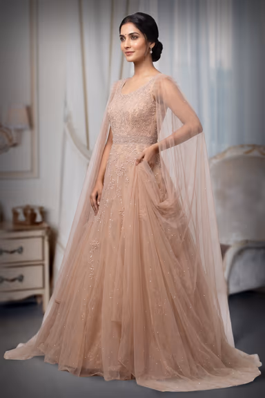 Beige Heavy Threadwork Embellished Bridal Gown  With Long Cape Sleeve — view 3 of 3