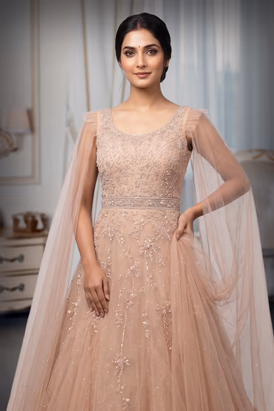 Beige Heavy Threadwork Embellished Bridal Gown  With Long Cape Sleeve — view 1 of 3