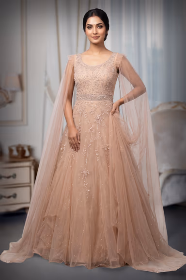 Beige Heavy Threadwork Embellished Bridal Gown  With Long Cape Sleeve — view 2 of 3