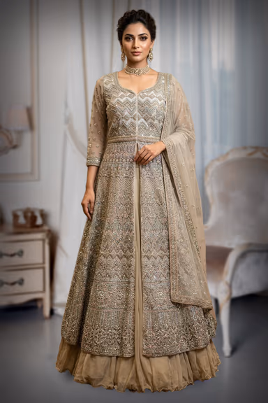 Bisque Beige Color Bridal Anarkali Gown With Stonework And Threadwork Details Along With Same Color Dupatta — view 2 of 2