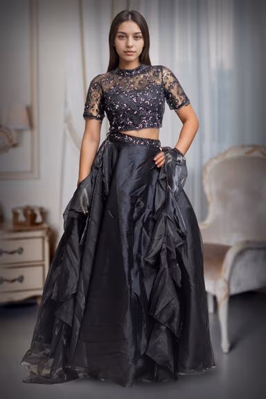 Black Frilled Lehenga With Stone Worked Crop Top Along With Frilled Dupatta — view 2 of 3