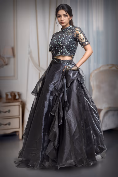 Black Frilled Lehenga With Stone Worked Crop Top Along With Frilled Dupatta — view 3 of 3