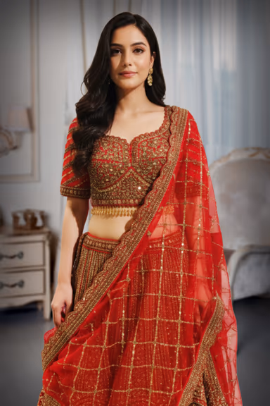 Blood Red Silk Lehenga With Intricate Golden Handwork Details In Skirt And Top Along With Same Color Dupatta — view 1 of 2