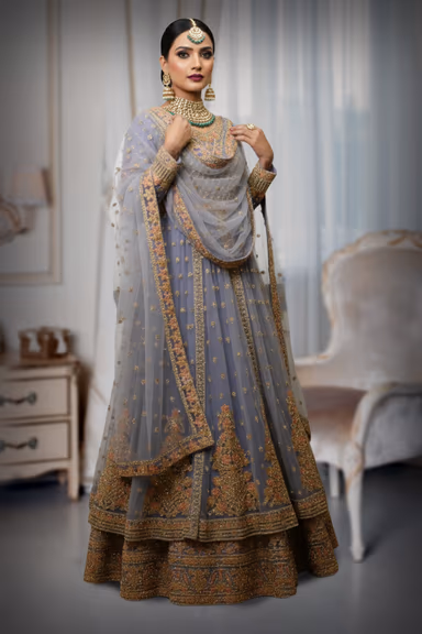 Grey Blue Pre Wedding Gown With Thread And Sequins Embroidery All Over The Gown — view 6 of 7