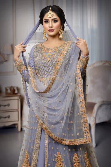 Grey Blue Pre Wedding Gown With Thread And Sequins Embroidery All Over The Gown — view 1 of 7