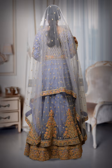 Grey Blue Pre Wedding Gown With Thread And Sequins Embroidery All Over The Gown — view 7 of 7