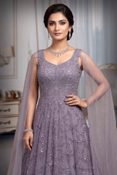 Blue Lilac Exquisite Gown With Neckline Detailing And Rainbow Textured Work On Center Front — view 1 of 3
