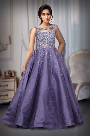 Blue Lilac Exquisite Gown With Neckline Detailing And Rainbow Textured Work On Center Front — view 2 of 4
