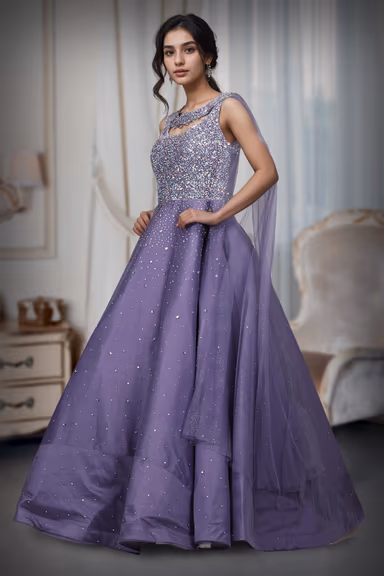 Blue Lilac Exquisite Gown With Neckline Detailing And Rainbow Textured Work On Center Front — view 3 of 4