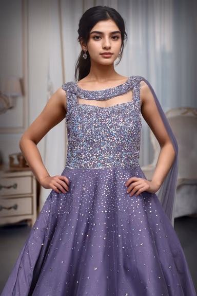 Blue Lilac Exquisite Gown With Neckline Detailing And Rainbow Textured Work On Center Front — view 1 of 4