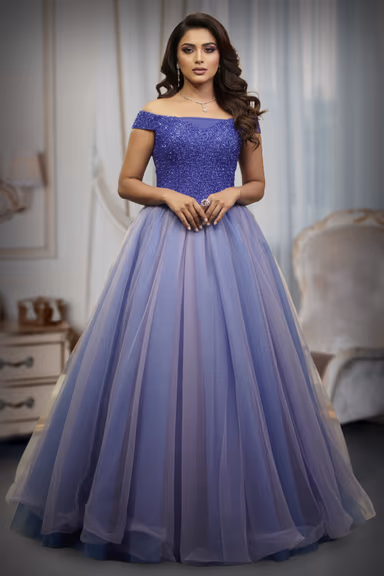 Blue Tule Gown  bead worked bodice  and flary gown — view 2 of 2