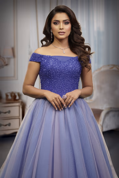 Blue Tule Gown  bead worked bodice  and flary gown — view 1 of 2