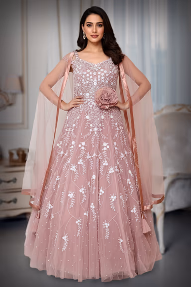 Blush Pink Pearl Bloom Embroidered Net Gown – White Threadwork & Sequin Floral Vine Design — view 2 of 4