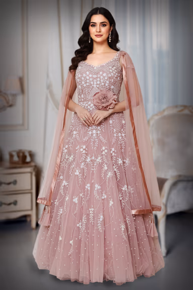 Blush Pink Pearl Bloom Embroidered Net Gown – White Threadwork & Sequin Floral Vine Design — view 3 of 4