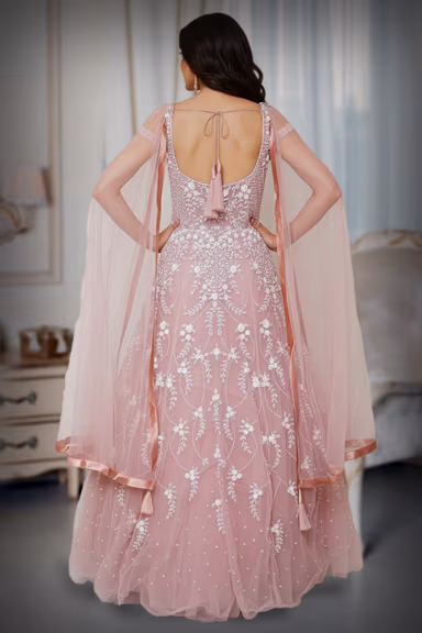 Blush Pink Pearl Bloom Embroidered Net Gown – White Threadwork & Sequin Floral Vine Design — view 4 of 4
