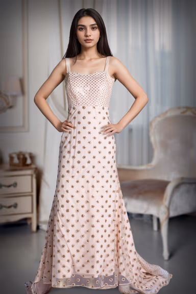 Blush Radiance  Shimmer Polka Dot And Rose Gold Beeded Embroidery Trail Gown — view 1 of 3