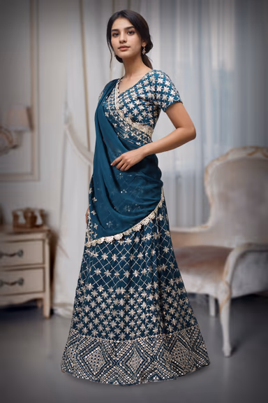Bottle Green Faux Georgette Sequince Worked Lehenga — view 3 of 4