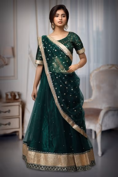 Bottle Green Nylon Lehenga With Heavy Worked Blouse And Well Detailed Dupatta — view 2 of 2
