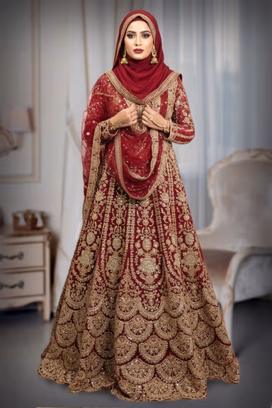 Burgundy Heavy Embroidered Arabic Lehenga  with Dupatta — view 2 of 5