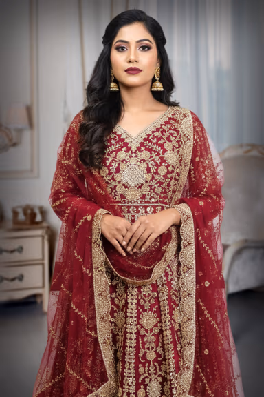 Burgundy Heavy Embroidered Arabic Lehenga  with Dupatta — view 3 of 5
