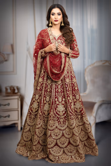 Burgundy Heavy Embroidered Arabic Lehenga  with Dupatta — view 4 of 5