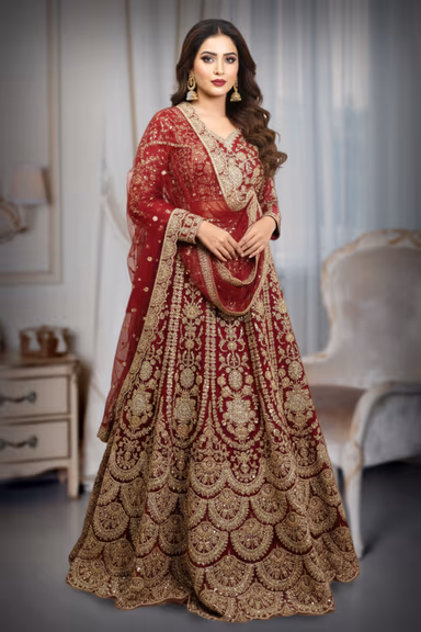 Burgundy Heavy Embroidered Arabic Lehenga  with Dupatta — view 5 of 5