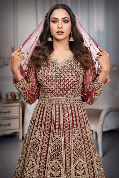 Burgundy Embroidered and Beads work Elegant  Arabic Lehenga  with Dupatta — view 1 of 4