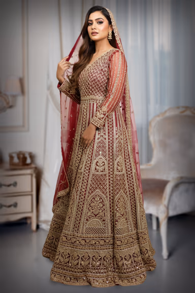 Burgundy Embroidered and Beads work Elegant  Arabic Lehenga  with Dupatta — view 4 of 4
