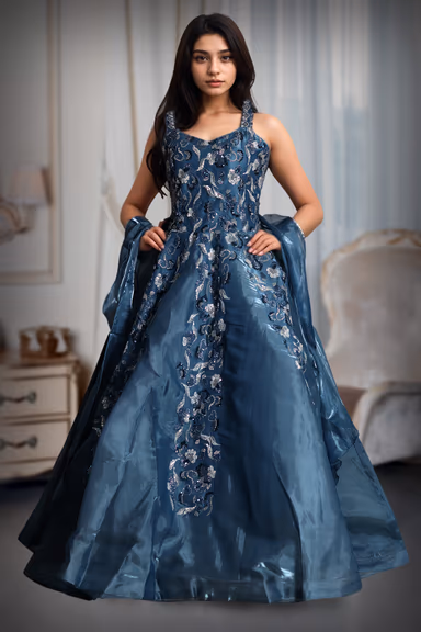 Cerulean Blue Ball Gown With Exquisite Threadwork Details Along With Same Color Veil — view 2 of 5