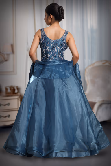 Cerulean Blue Ball Gown With Exquisite Threadwork Details Along With Same Color Veil — view 5 of 5