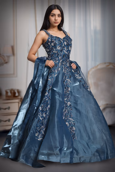 Cerulean Blue Ball Gown With Exquisite Threadwork Details Along With Same Color Veil — view 3 of 5