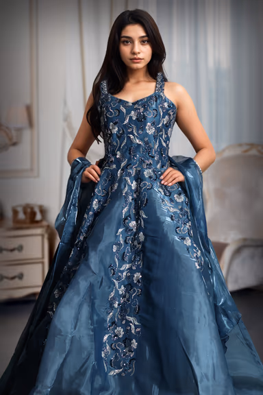 Cerulean Blue Ball Gown With Exquisite Threadwork Details Along With Same Color Veil — view 1 of 5