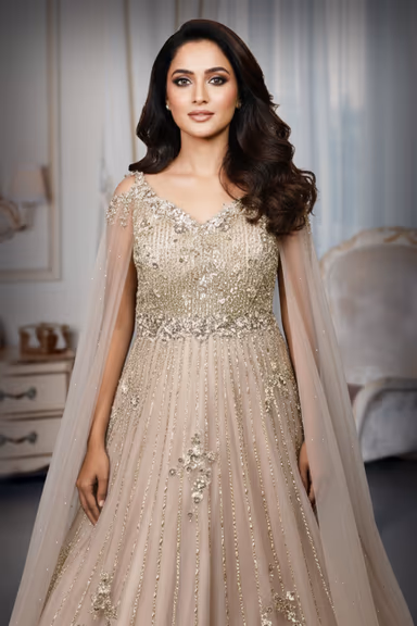 Champagne Gold Hand-Embroidered Sequin Gown with Sheer Cape Detailing. — view 1 of 2