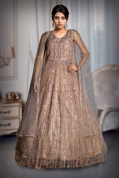 Champagne Gold Sequin Stream Net Gown – Multicolor Embellished Vertical Linework Design — view 2 of 3