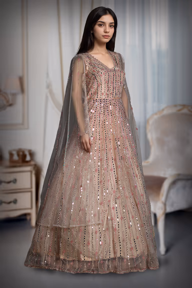 Champagne Gold Sequin Stream Net Gown – Multicolor Embellished Vertical Linework Design — view 3 of 3