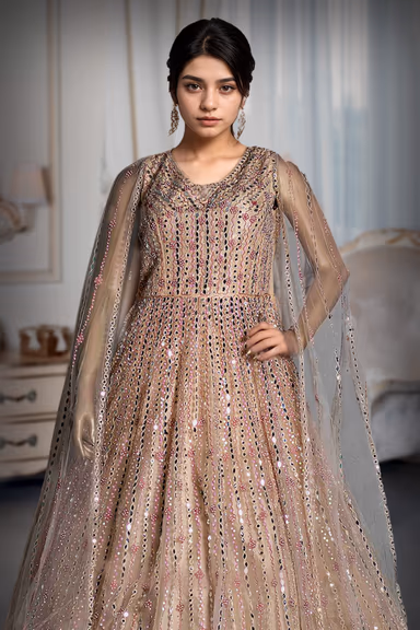 Champagne Gold Sequin Stream Net Gown – Multicolor Embellished Vertical Linework Design — view 1 of 3