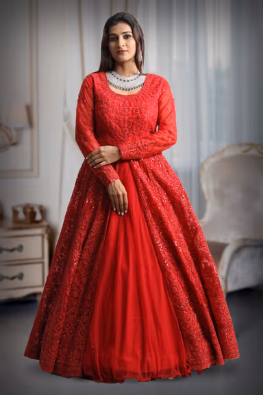Cherry red colour shimmery full sleeve gown with thread work — view 2 of 5