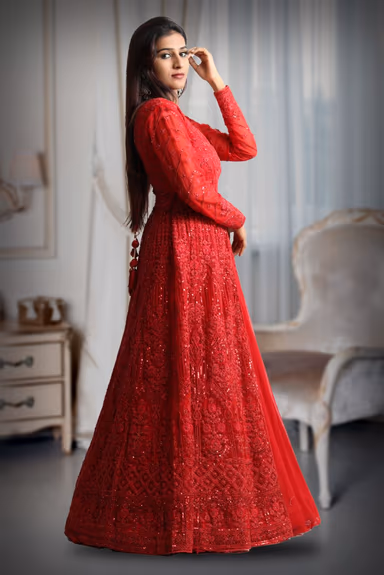 Cherry red colour shimmery full sleeve gown with thread work — view 4 of 5