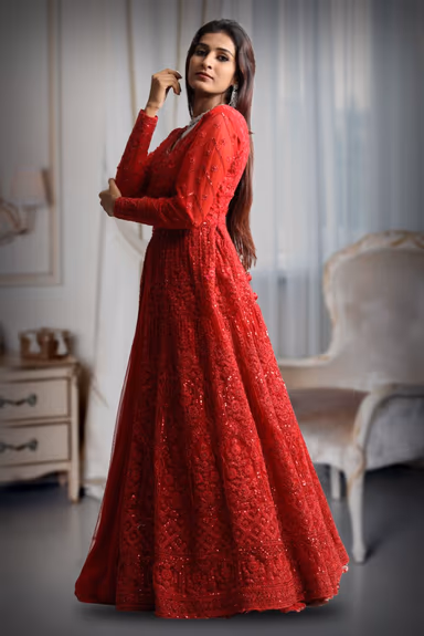Cherry red colour shimmery full sleeve gown with thread work — view 3 of 5