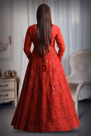 Cherry red colour shimmery full sleeve gown with thread work — view 5 of 5