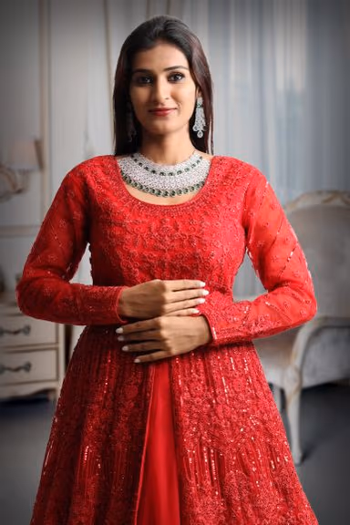 Cherry red colour shimmery full sleeve gown with thread work — view 1 of 5